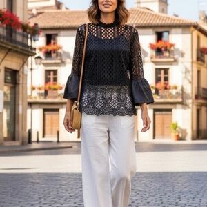 #A221  For Her NYC  Edgy Luxe   Black Embellished Sheer  cocktail Top NWT  S